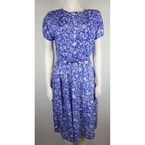 DARIAN PETITES - WOMEN'S BLUE FLORAL PRINT BELTED SHORT DRESS - SIZE 6P